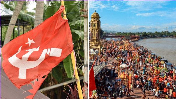 <div class="paragraphs"><p>CPI(M) Flag (left) and view of Lord Shiva devotees on Kanwar Yatra (right).</p></div>